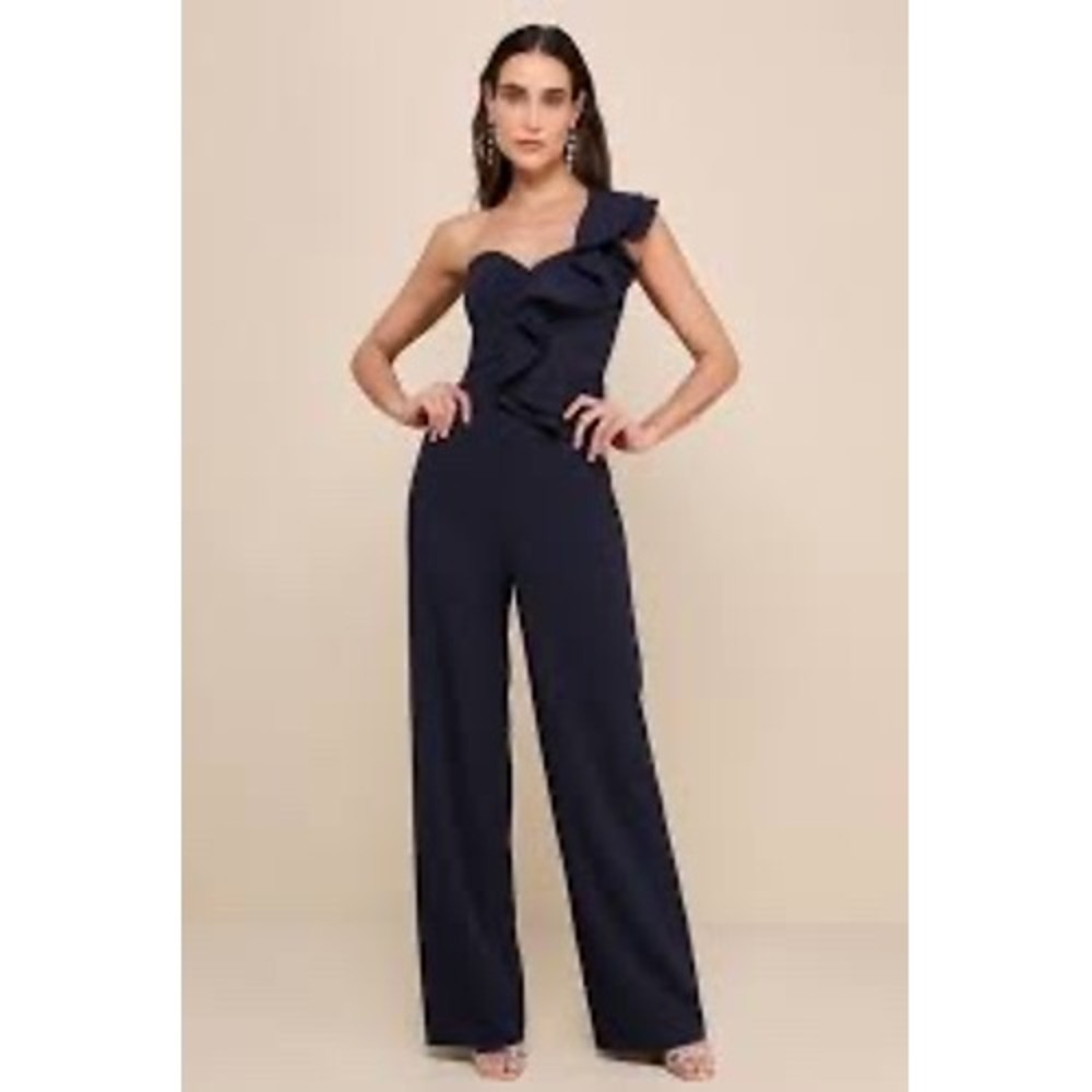 Lulus Jumpsuit Large Navy Blue One Shoulder Ruffle Wide Leg Evening Formal